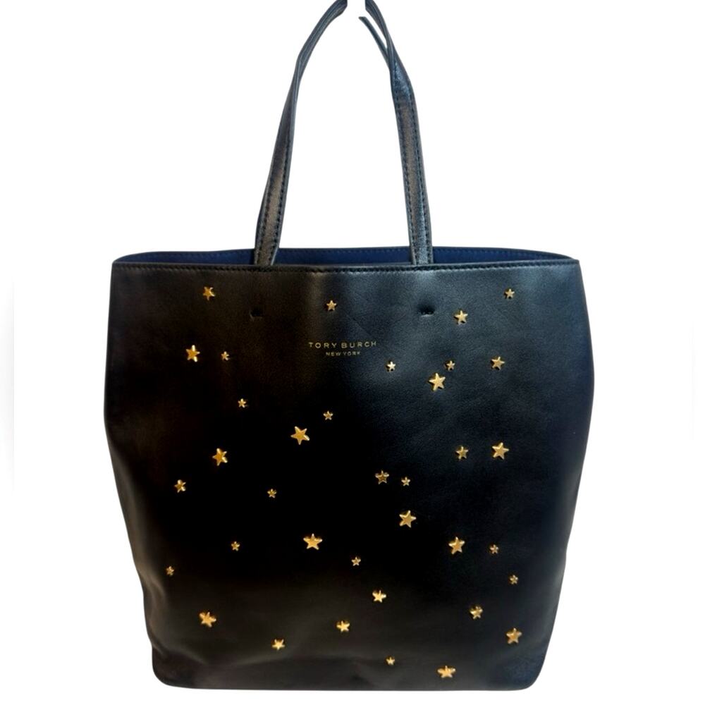 Tory Burch Black Leather Tote Bag with Gold Star Accents
